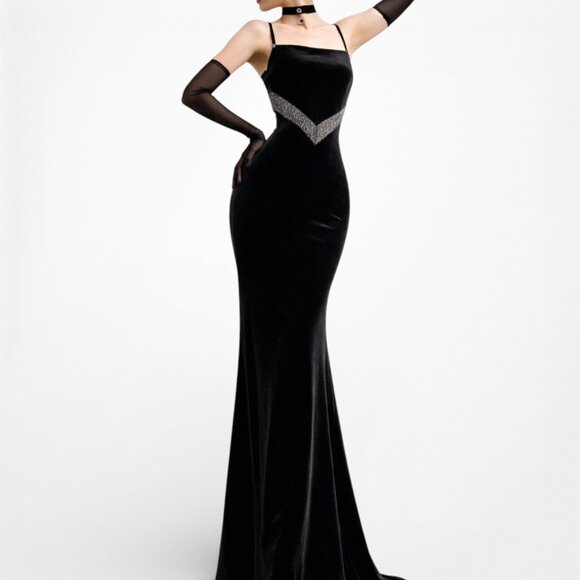 Vintage Y2K Black Velvet Beaded Knit Bodycon Maxi Formal Prom Dress Size S